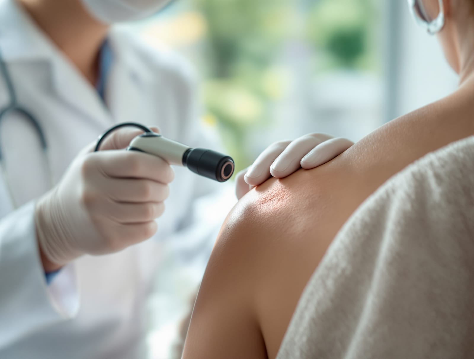 A dermatologist closely examining a raised scar on a patient's shoulder with a handheld dermatoscope in a bright clinic