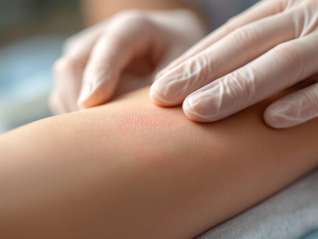 A dermatologist's gloved hands gently examining a small scar on a patient's forearm in a bright clinic