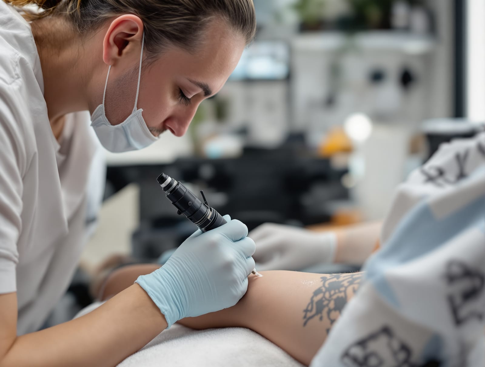 A gloved tattoo artist working on a client's forearm with a tattoo machine in a clean, bright modern studio