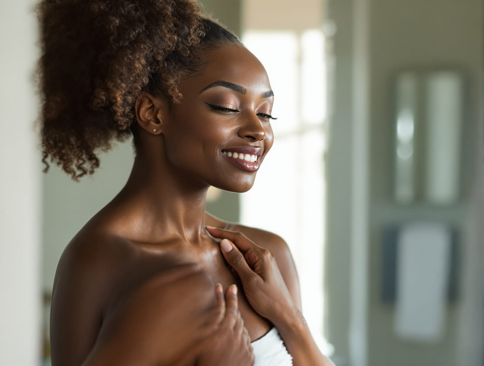 A woman examining the skin on her upper chest closely in a mirror in soft daylight