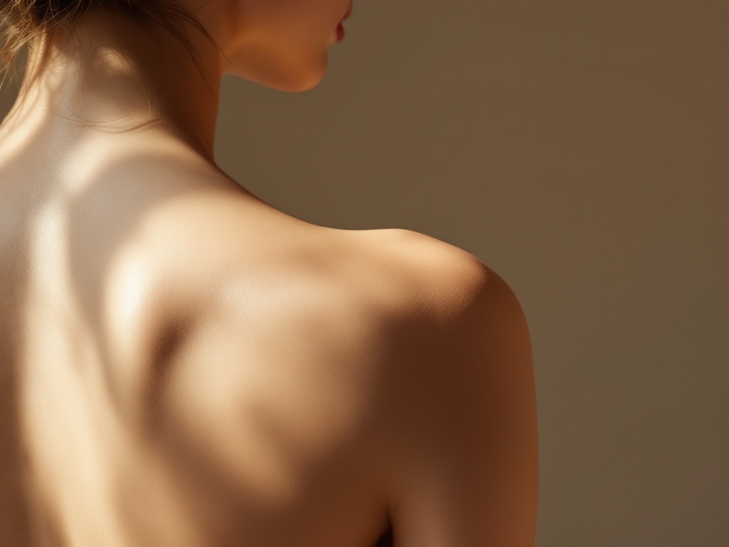 Soft studio photo of a person's upper back and shoulder showing smooth skin contours